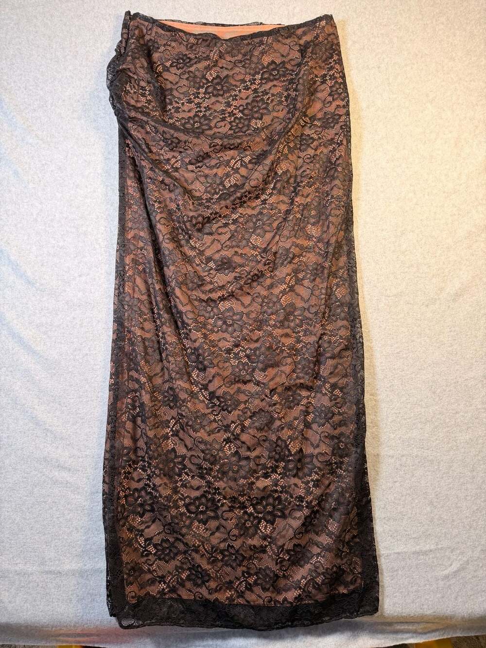 Mistress Rocks Black Lace Overlay Nude Lined Midi Skirt Size Large